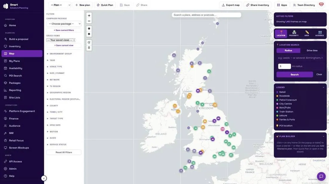 Planning on the map: screens across the UK with filters and a proximity search